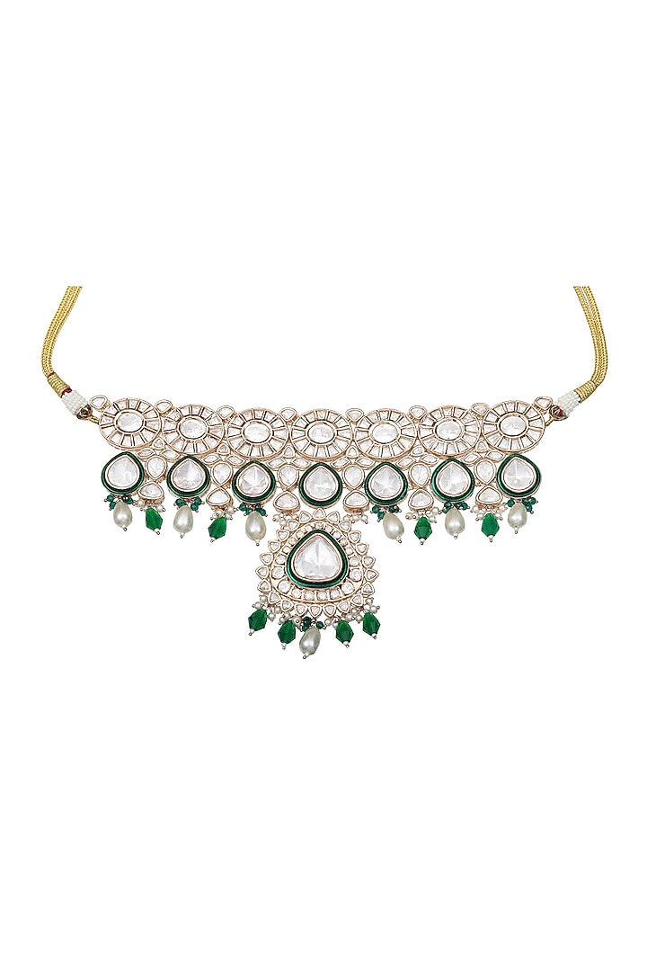 Gold Finish Green Stone & Kundan Polki Choker Necklace Set by Akulya Jewels at Pernia's Pop Up Shop