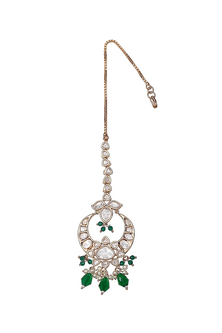 Gold Finish Green Stone & Kundan Polki Choker Necklace Set by Akulya Jewels at Pernia's Pop Up Shop