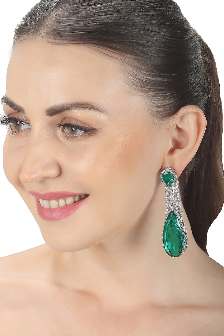 White Finish Green Doublet Stone & Cubic Zirconia Dangler Earrings by Akulya Jewels at Pernia's Pop Up Shop