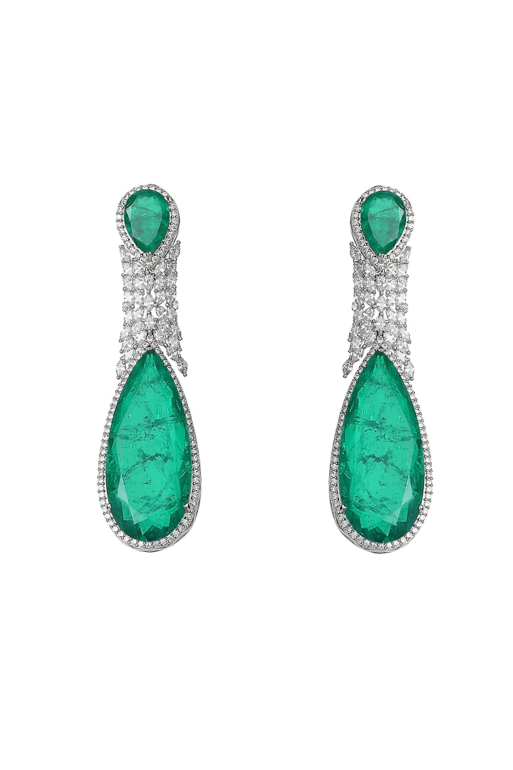 White Finish Green Doublet Stone & Cubic Zirconia Dangler Earrings by Akulya Jewels