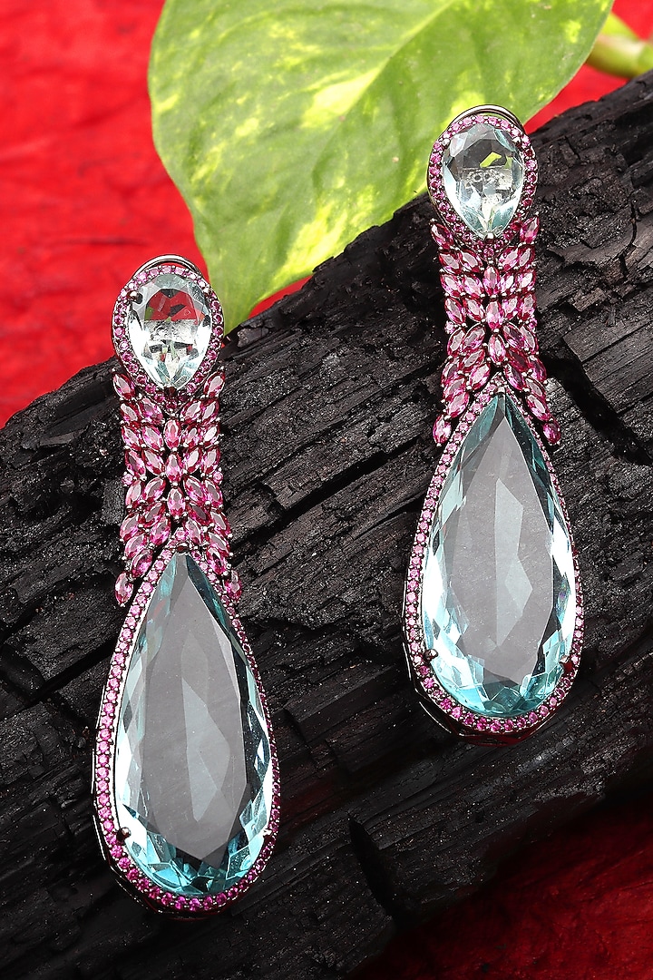White Finish Aquamarine Doublet Stone & Pink Cubic Zirconia Dangler Earrings by Akulya Jewels at Pernia's Pop Up Shop