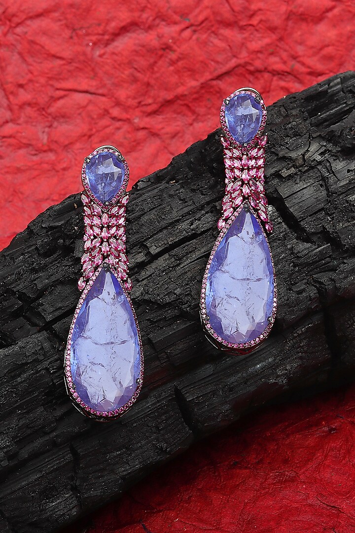 White Finish Indigo Doublet Stone & Pink Cubic Zirconia Dangler Earrings by Akulya Jewels at Pernia's Pop Up Shop
