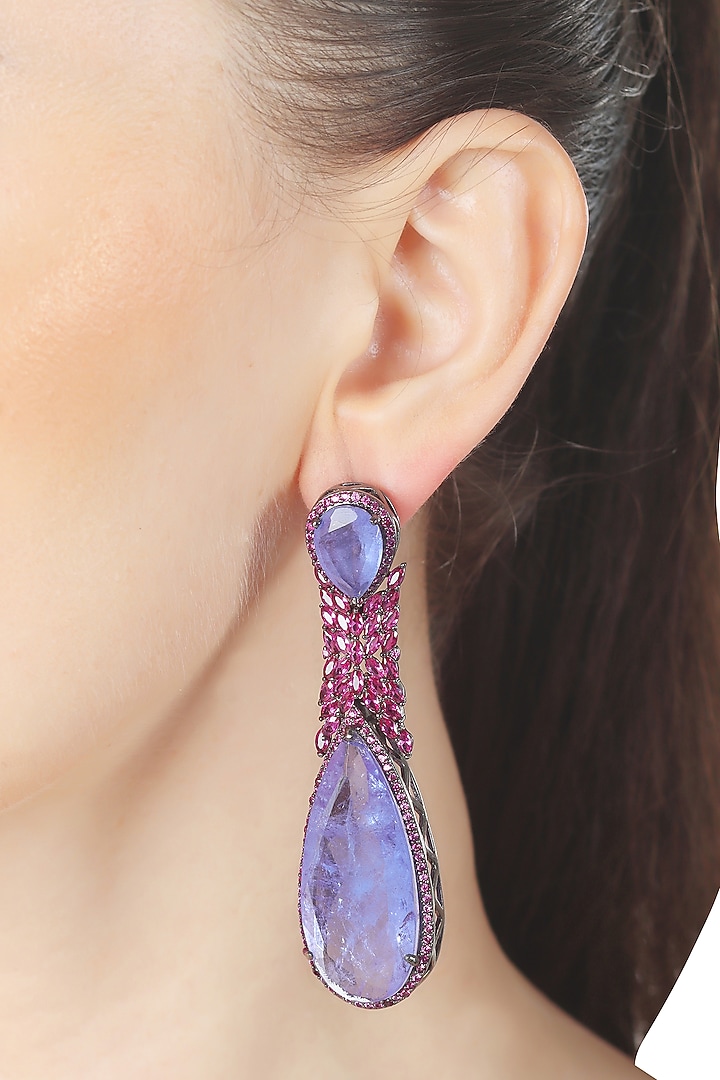 White Finish Indigo Doublet Stone & Pink Cubic Zirconia Dangler Earrings by Akulya Jewels at Pernia's Pop Up Shop