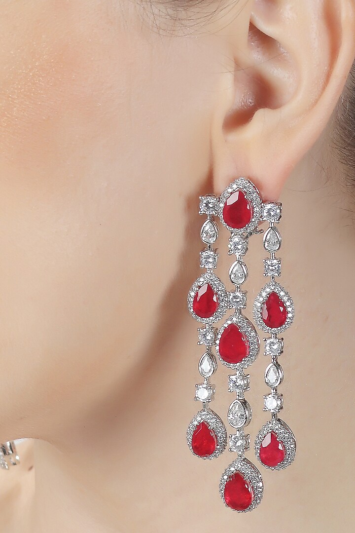 White Finish Red Doublet Stone & Cubic Zirconia Dangler Earrings by Akulya Jewels at Pernia's Pop Up Shop