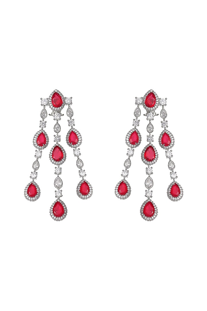 White Finish Red Doublet Stone & Cubic Zirconia Dangler Earrings by Akulya Jewels