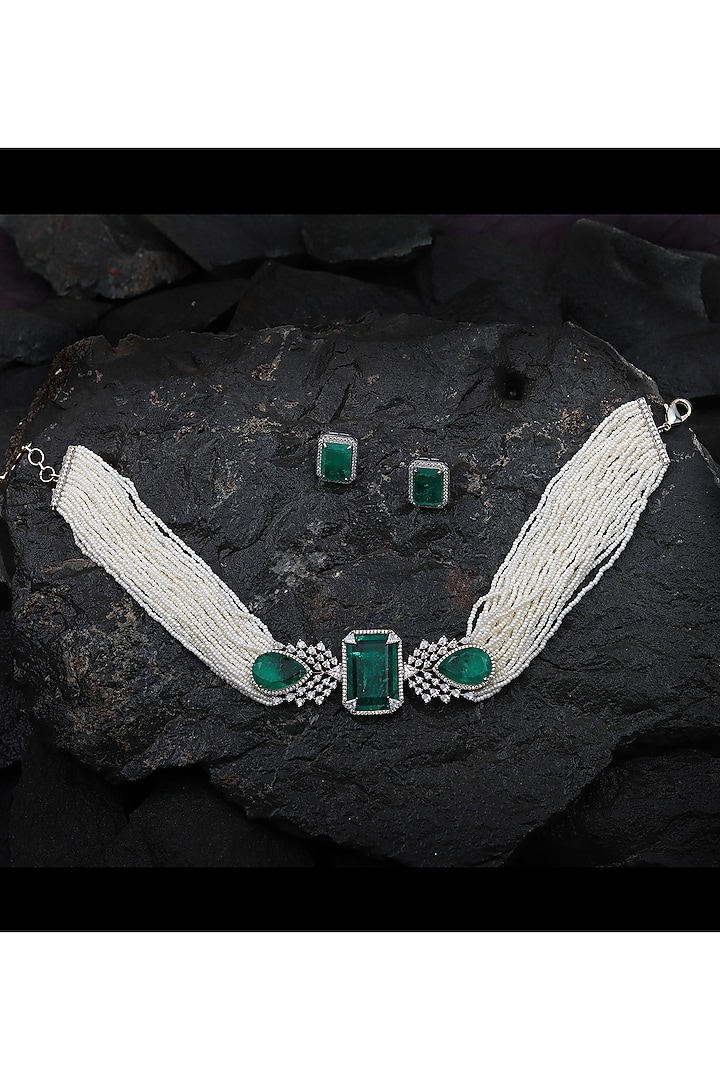 White Finish Green Doublet Stone & Cubic Zirconia Choker Necklace Set by Akulya Jewels at Pernia's Pop Up Shop