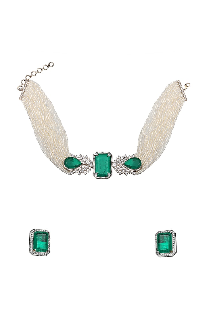 White Finish Green Doublet Stone & Cubic Zirconia Choker Necklace Set by Akulya Jewels
