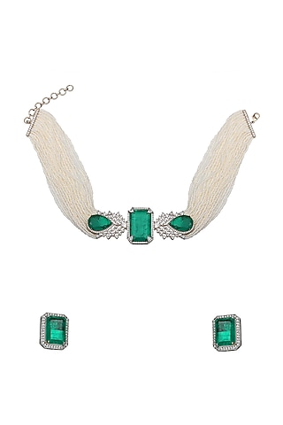 White Finish Green Doublet Stone & Cubic Zirconia Choker Necklace Set by Akulya Jewels