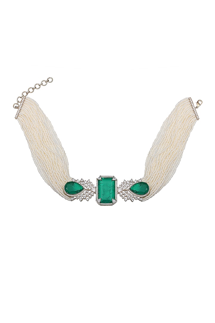 White Finish Green Doublet Stone & Cubic Zirconia Choker Necklace Set by Akulya Jewels at Pernia's Pop Up Shop