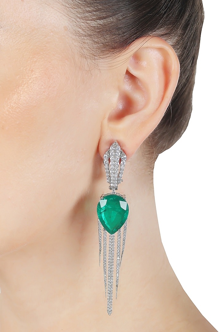 White Finish Green Doublet Stone & Cubic Zirconia Dangler Earrings by Akulya Jewels at Pernia's Pop Up Shop