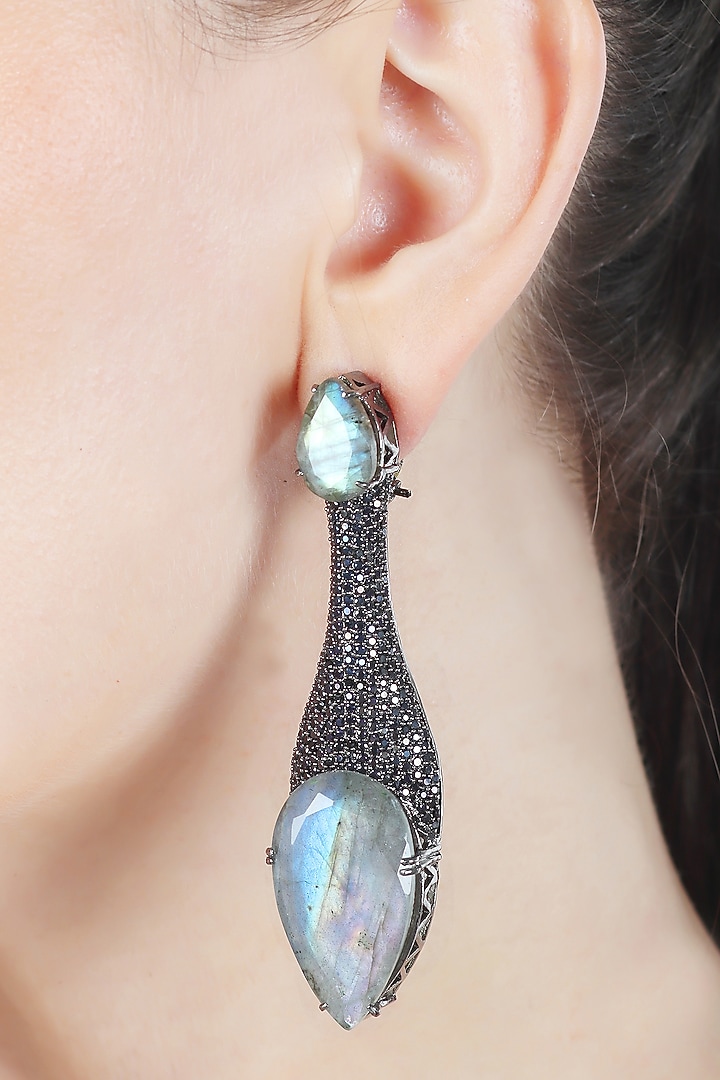 White Finish Mother Of Pearl & Black Cubic Zirconia Dangler Earrings by Akulya Jewels at Pernia's Pop Up Shop