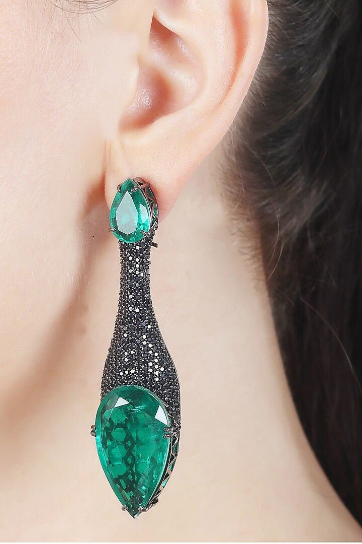 White Finish Green Doublet Stone & Black Cubic Zirconia Dangler Earrings by Akulya Jewels at Pernia's Pop Up Shop