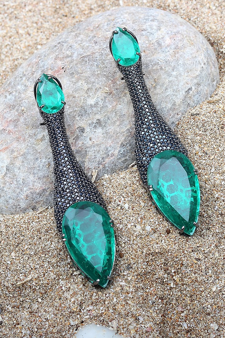 White Finish Green Doublet Stone & Black Cubic Zirconia Dangler Earrings by Akulya Jewels at Pernia's Pop Up Shop