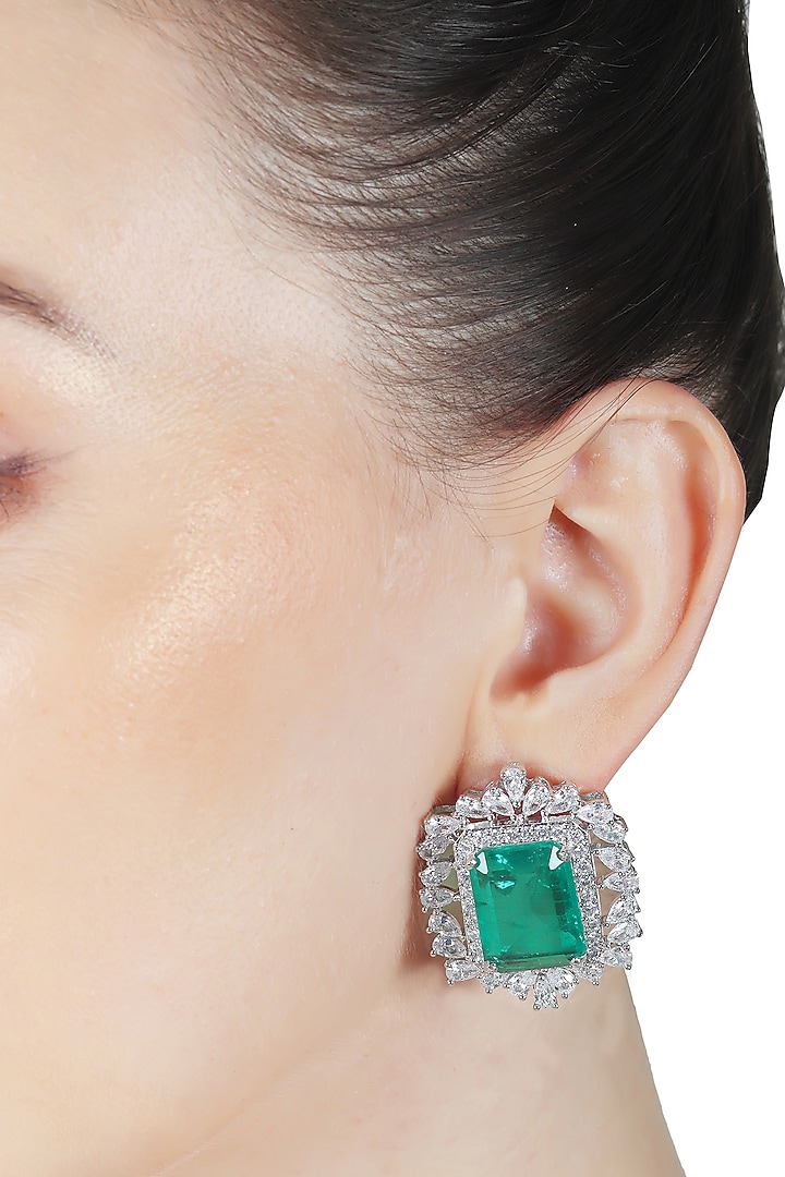 White Finish Green Doublet Stone & Cubic Zirconia Stud Earrings by Akulya Jewels at Pernia's Pop Up Shop