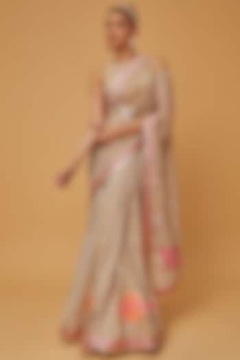 Light Brown Chanderi Tissue Hand Embroidered Saree Set by Anita kanwal studio