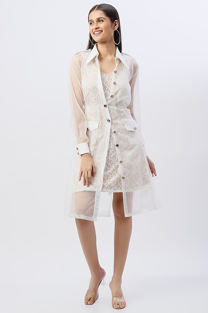 White Poly Organza Trench Coat With Belt by Anita kanwal studio