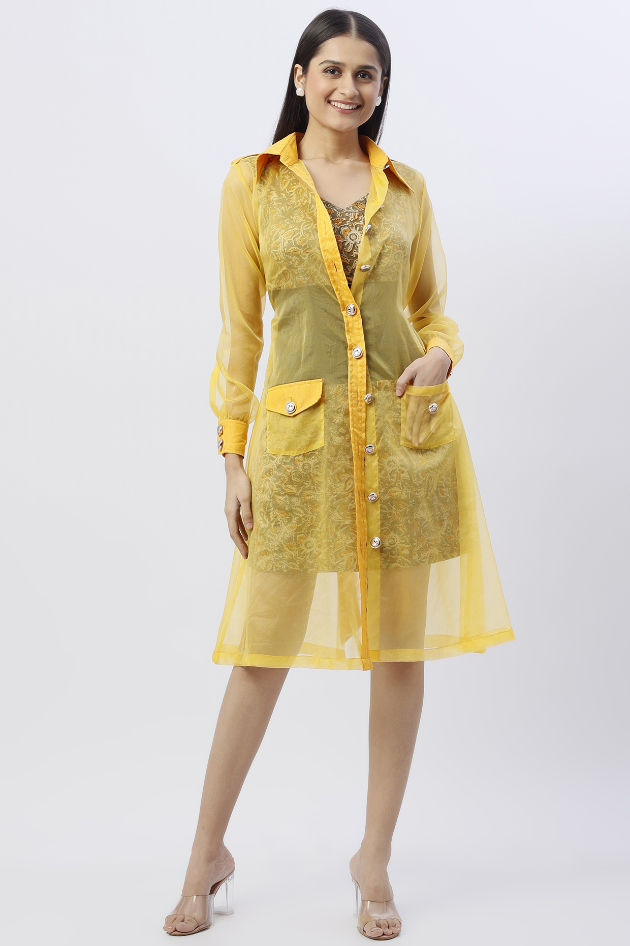 Yellow Poly Organza Trench Coat With Belt by Anita kanwal studio