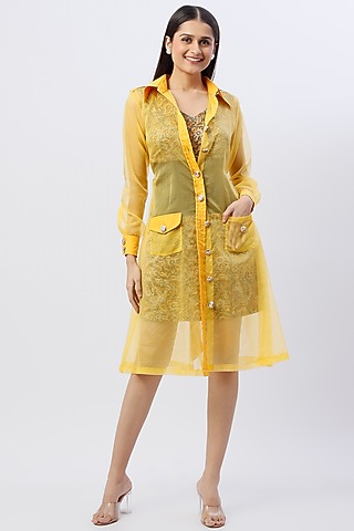 Yellow Poly Organza Trench Coat With Belt by Anita kanwal studio