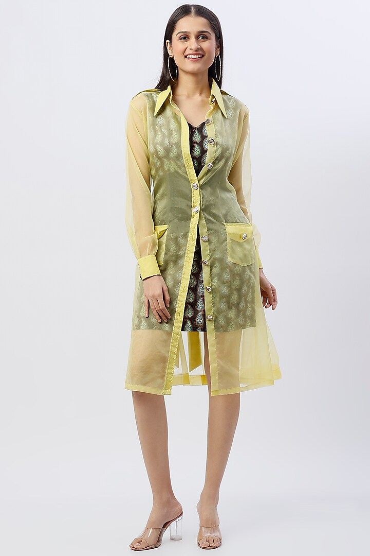 Olive Green Poly Organza Trench Coat With Belt by Anita kanwal studio