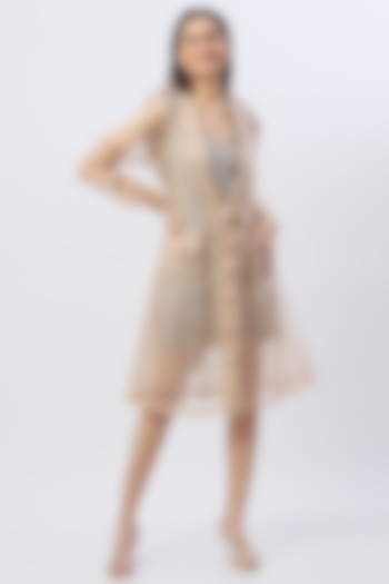 Beige Poly Organza Trench Coat With Belt by Anita kanwal studio