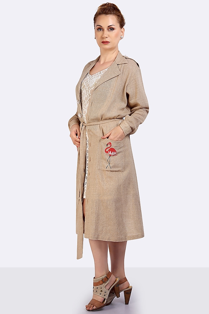 Light Brown Handloom Jute Trench Coat With Attached Belt by Anita kanwal studio