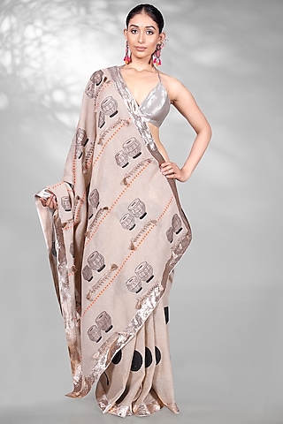 Beige Cotton Block Printed Handloom Saree Set by Anita kanwal studio