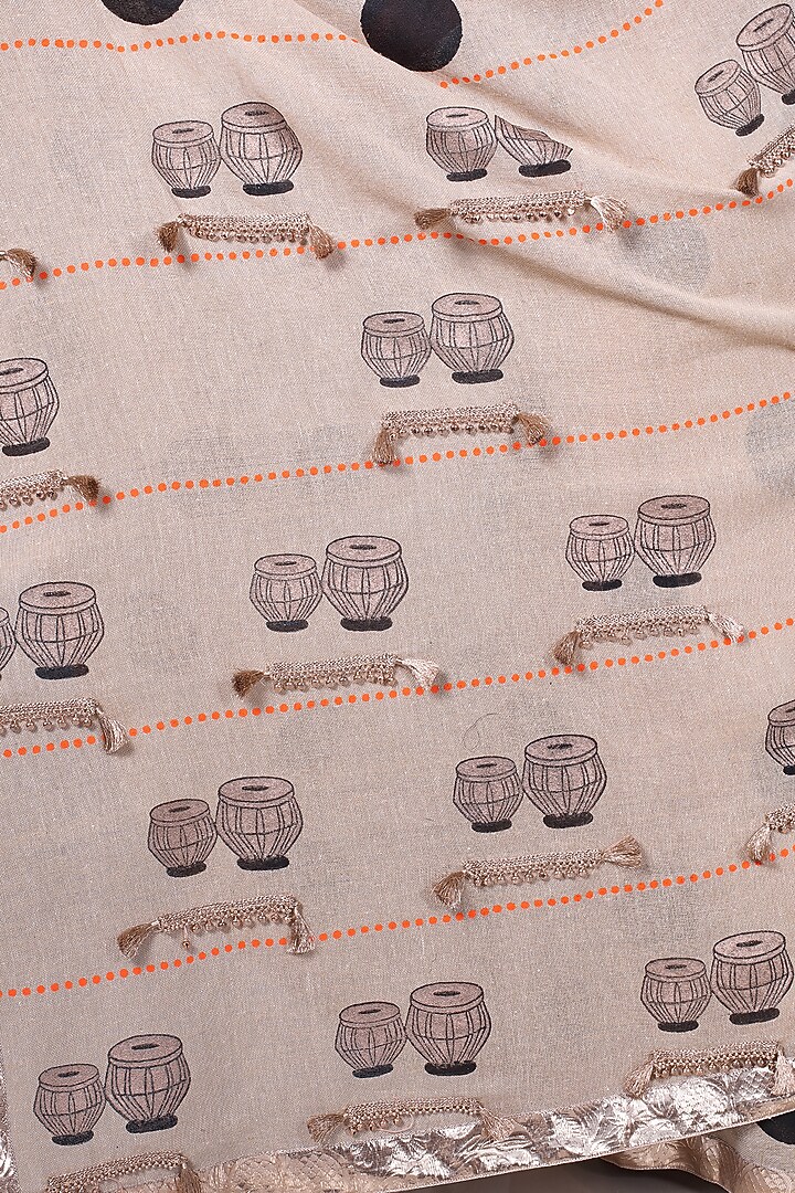 Beige Cotton Block Printed Handloom Festive Saree Set by Anita kanwal studio at Pernia's Pop Up Shop