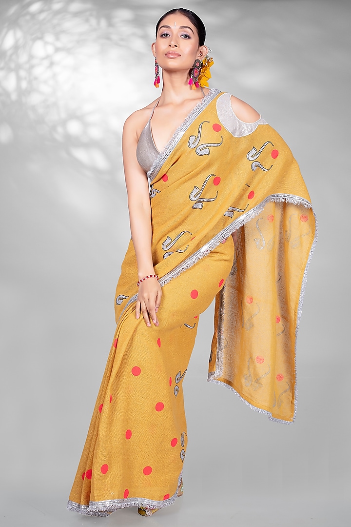 Mustard Cotton Block Printed Handloom Saree Set by Anita kanwal studio