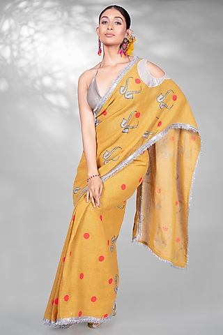Mustard Cotton Block Printed Handloom Saree Set by Anita kanwal studio