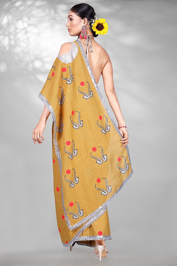 Mustard Cotton Block Printed Handloom Festive Saree Set by Anita kanwal studio at Pernia's Pop Up Shop