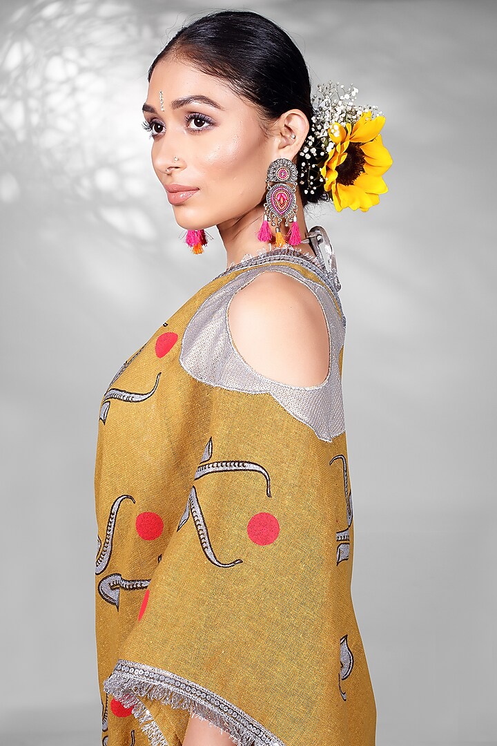 Mustard Cotton Block Printed Handloom Festive Saree Set by Anita kanwal studio at Pernia's Pop Up Shop