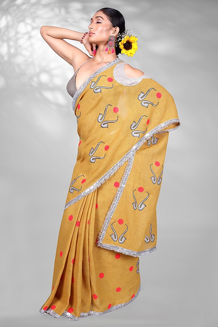 Mustard Cotton Block Printed Handloom Festive Saree Set by Anita kanwal studio at Pernia's Pop Up Shop