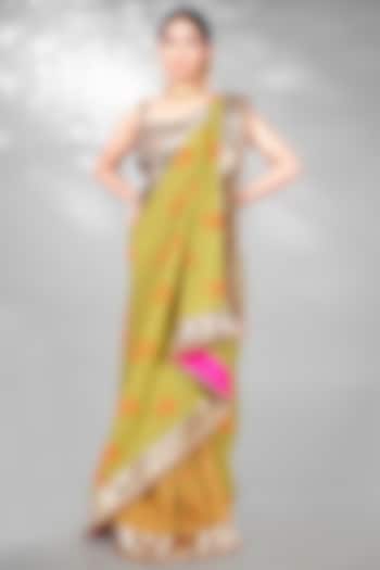 Green & Orange Cotton Block Printed Handloom Saree Set by Anita kanwal studio