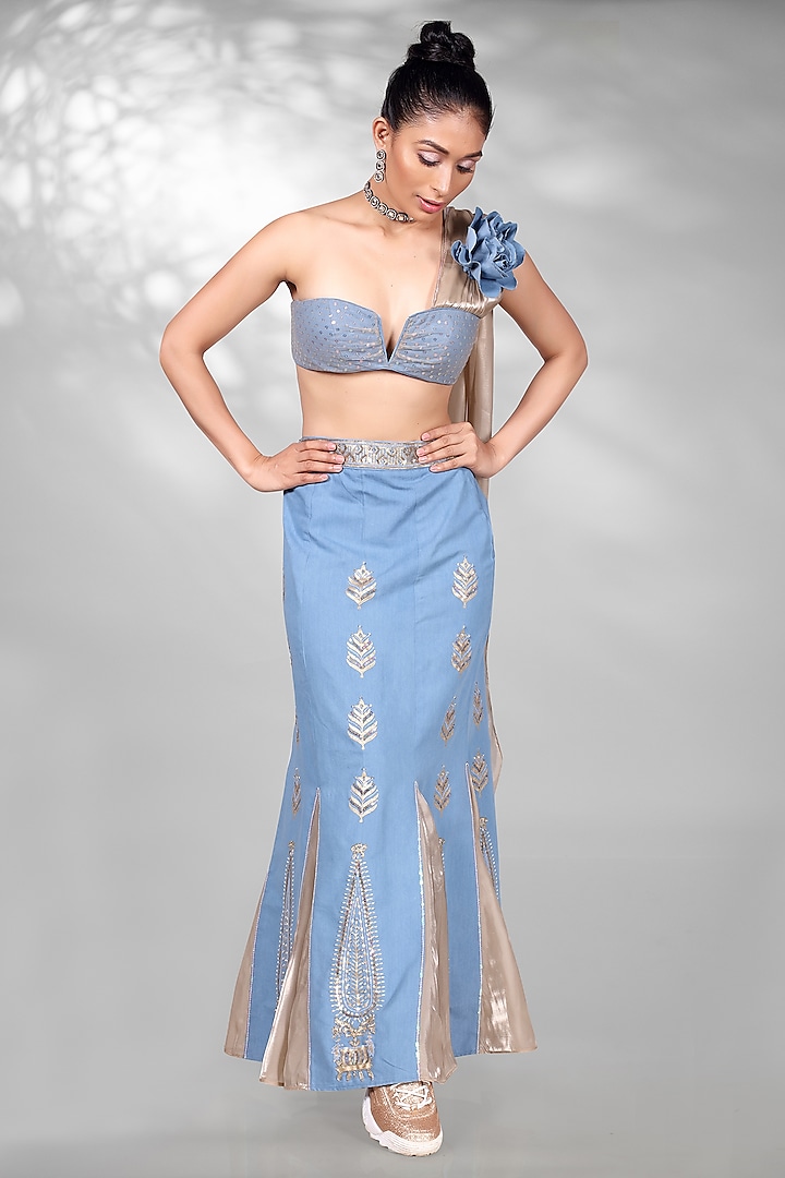 Blue Denim Embroidered & Block Printed Skirt Set by Anita kanwal studio