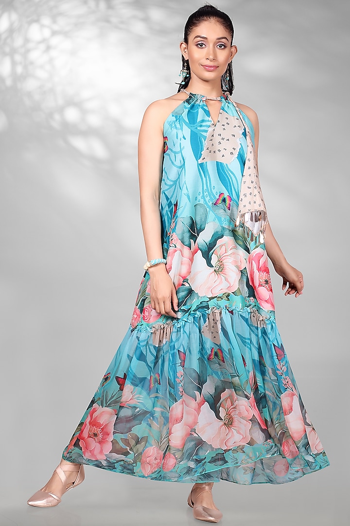 Blue Navratna Silk & Georgette Floral Printed Maxi Dress by Anita kanwal studio at Pernia's Pop Up Shop