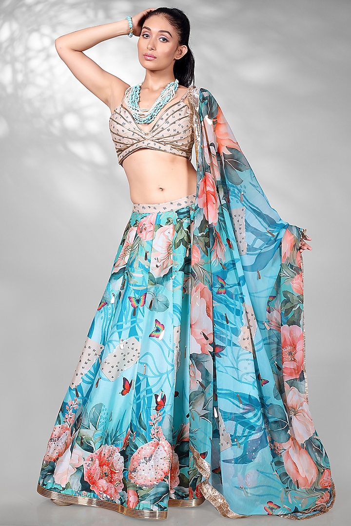 Blue Navratna Silk & Georgette Floral Digital Printed Lehenga Set by Anita kanwal studio