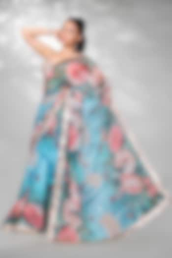 Blue Georgette & Navratna Silk Floral Digital Printed Saree Set by Anita kanwal studio at Pernia's Pop Up Shop