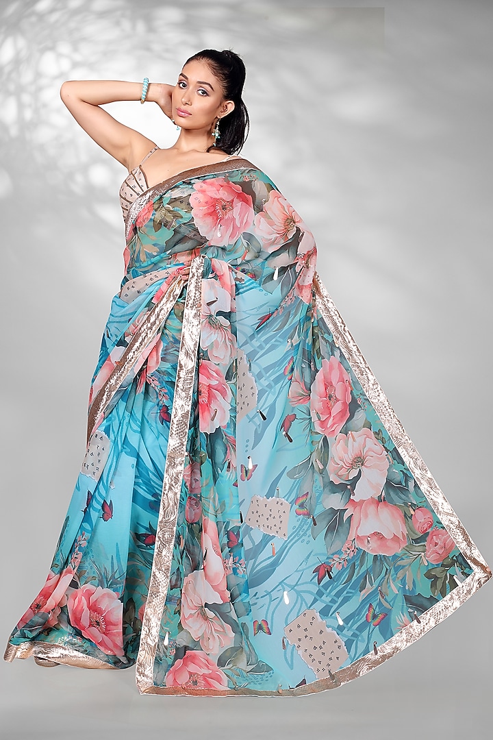 Blue Georgette & Navratna Silk Floral Digital Printed Saree Set by Anita kanwal studio