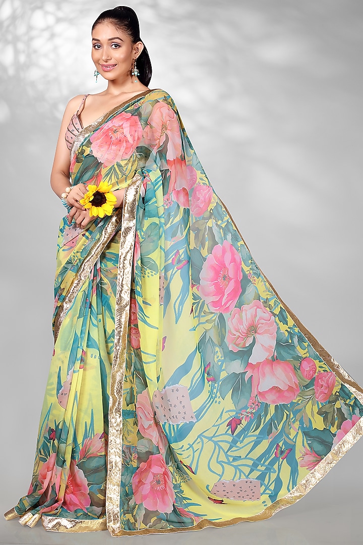 Yellow Georgette & Navratna Silk Floral Digital Printed Saree Set by Anita kanwal studio