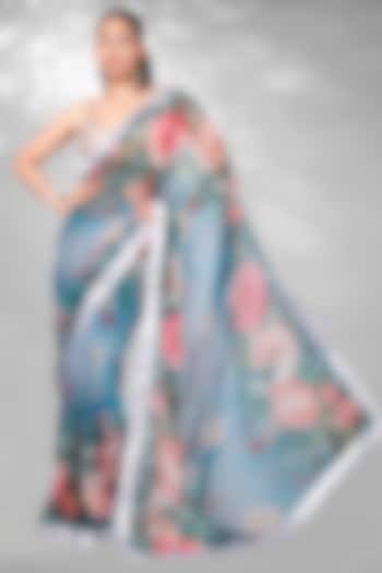 Blue Georgette & Navratna Silk Floral Digital Printed Saree Set by Anita kanwal studio