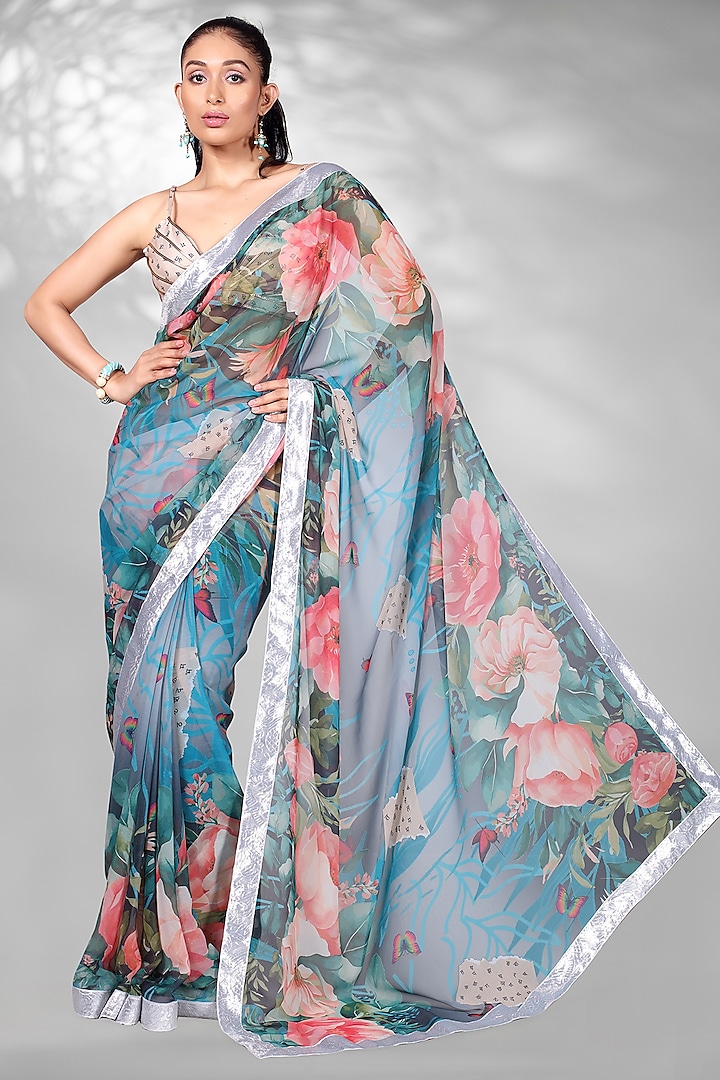 Blue Georgette & Navratna Silk Floral Digital Printed Saree Set by Anita kanwal studio