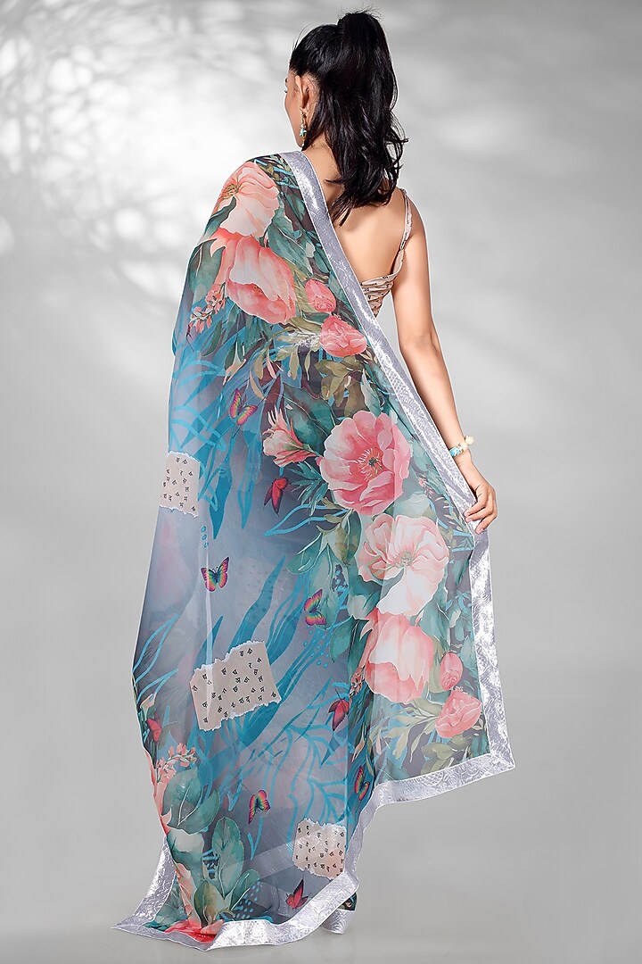 Blue Georgette & Navratna Silk Floral Digital Printed Festive Saree Set by Anita kanwal studio at Pernia's Pop Up Shop