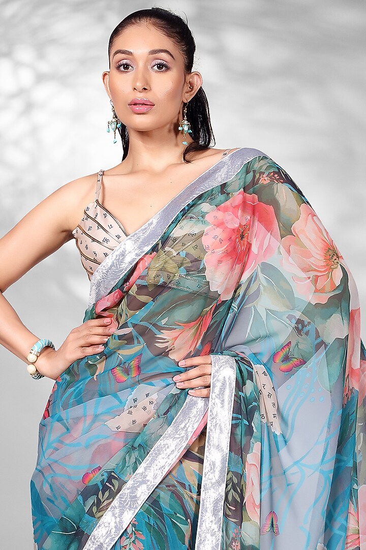 Blue Georgette & Navratna Silk Floral Digital Printed Festive Saree Set by Anita kanwal studio at Pernia's Pop Up Shop