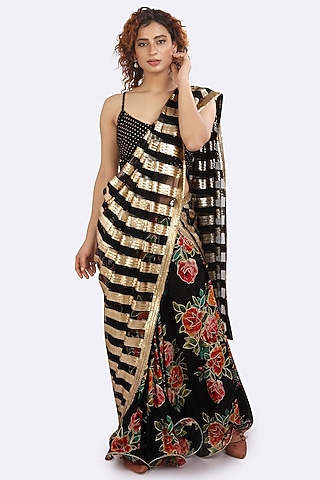 Black Printed Skirt Set With Drape by Anita kanwal studio