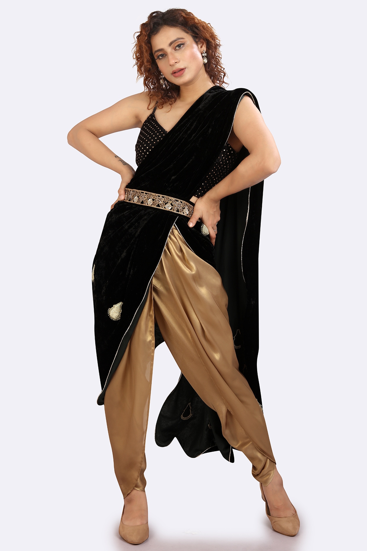 Libas Black Embellished Georgette Dhoti Saree - Swadesii