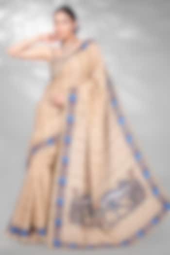 Beige Jute Digital Printed & Sequins Embroidered Saree Set by Anita kanwal studio at Pernia's Pop Up Shop