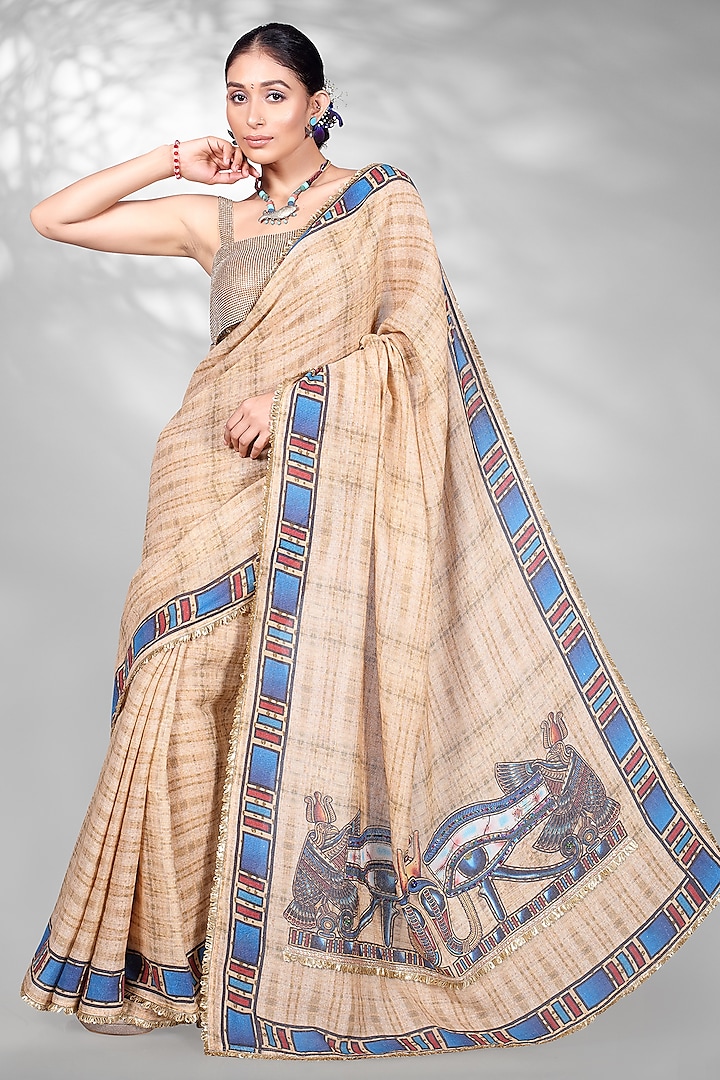 Beige Jute Digital Printed & Sequins Embroidered Saree Set by Anita kanwal studio at Pernia's Pop Up Shop