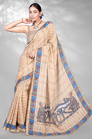 Beige Jute Digital Printed & Sequins Embroidered Saree Set by Anita kanwal studio