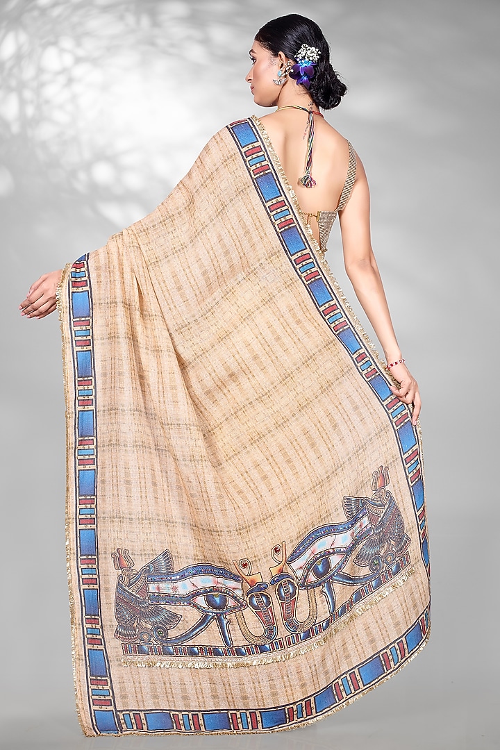 Beige Jute Digital Printed & Sequins Embroidered Festive Saree Set by Anita kanwal studio at Pernia's Pop Up Shop