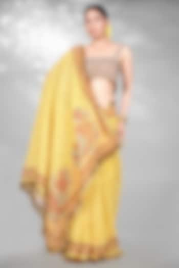 Yellow Jute Digital Printed & Sequins Embroidered Saree Set by Anita kanwal studio at Pernia's Pop Up Shop